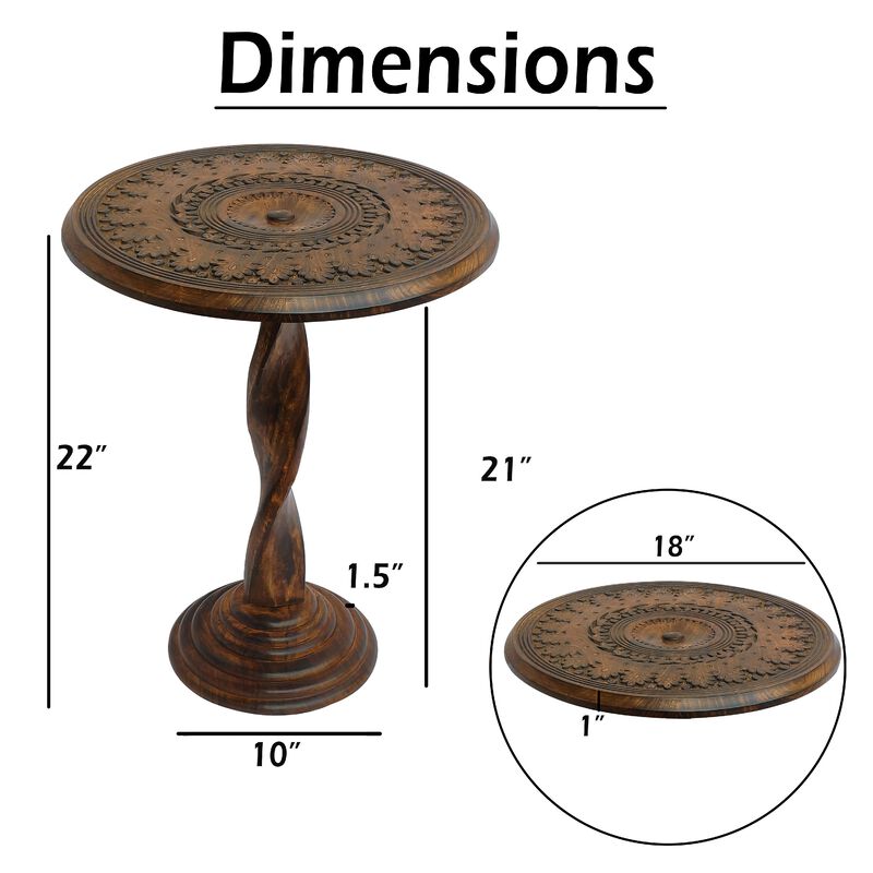 Jem 22 Inch Side End Table, Round Top, Hand Carved Boho Mandala Design with Twisted Base, Brown Mango Wood image number 4