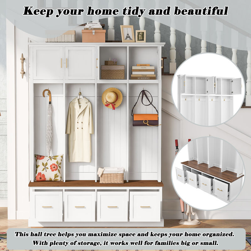 Merax All-in-One Entryway Hall Tree with Hanging Hooks, Upper Cabinet, 3 Drawers & Seating Bench image number 4