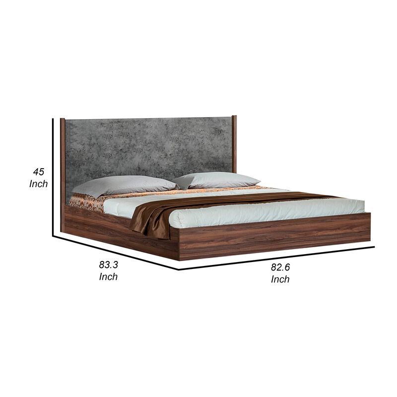 Xico King Size Platform Bed, Panel Design Headboard, Concrete Gray, Brown - Benzara image number 4