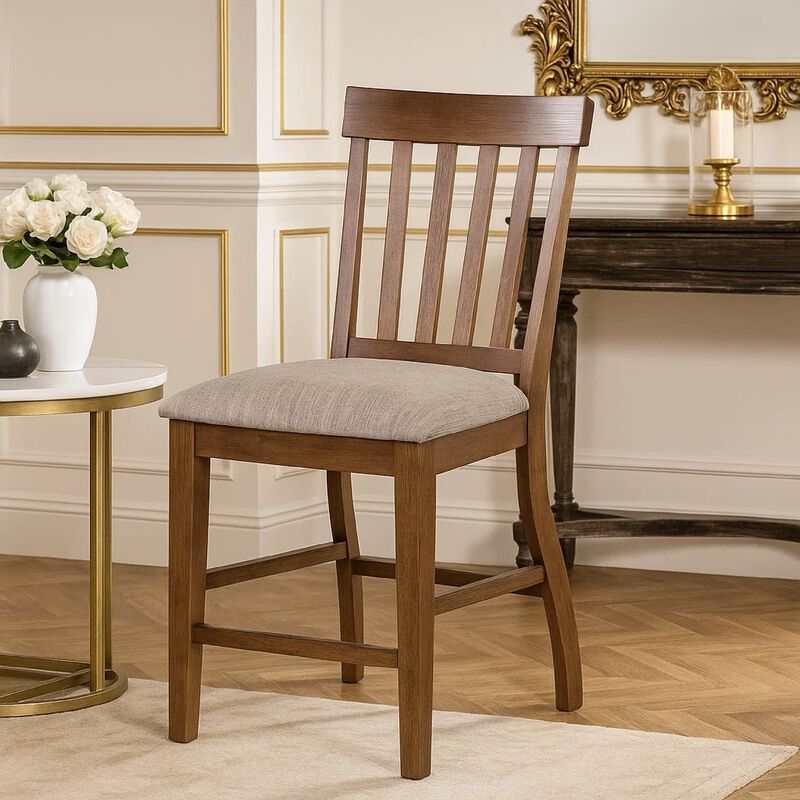 Counter Height Chair Set of 2, Brown Slatted Back, Gray Polyester image number 6