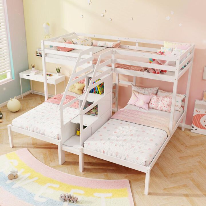 Hivvago Twin Over Twin and Twin Bunk Bed with Storage Staircase and Guardrail for 3 Kids Teens