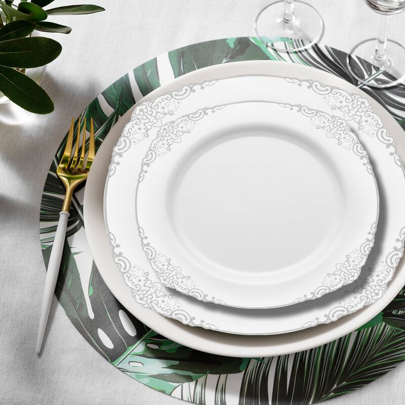 White with Silver Fancy Round Plastic Dinnerware Value Set (60 Sets) image number 8