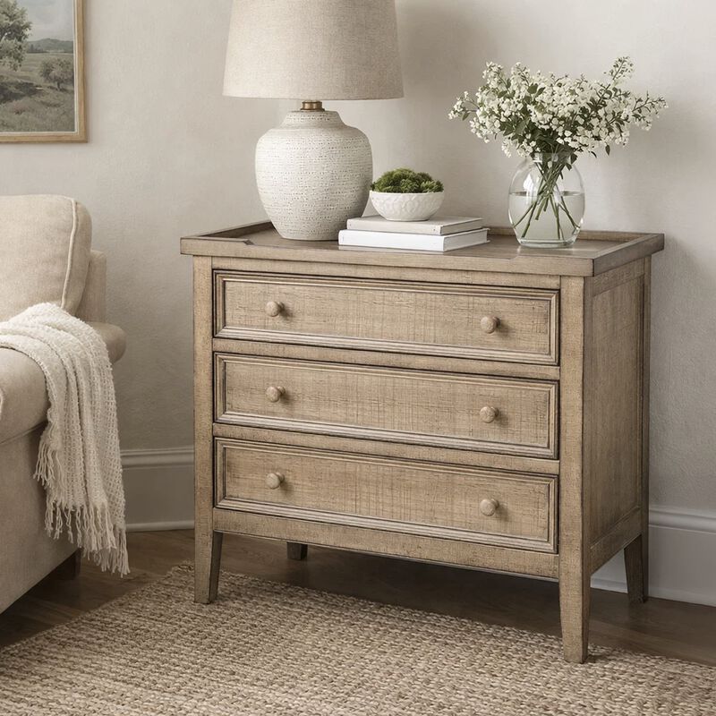 Rena Side End Table, 3 Drawers with Round Knobs, 28" Distressed Pebble Brown Mahogany Wood image number 3