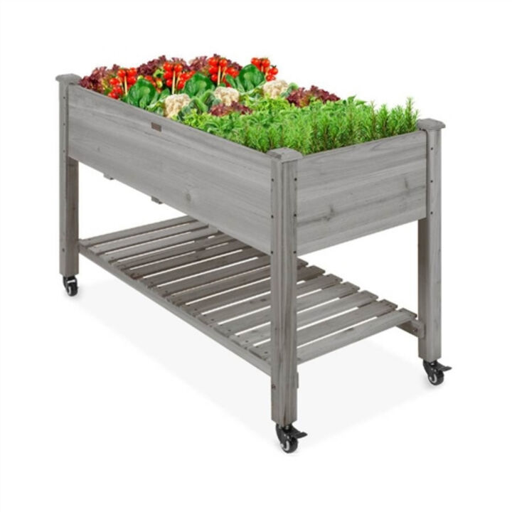 Outdoor Wood Raised Garden Bed Planter Box with Shelf and Locking Wheels