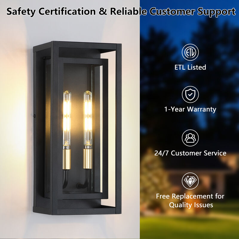 2-Pack 15 in. Traditional Farmhouse Sand Black and Gold 2-Light Outdoor Wall Lanterns with Clear Glass image number 3