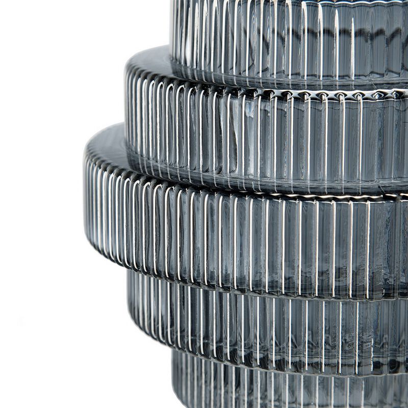 Rae Set of 2 Glass Vases, Geometric Round, Smokey Blue and Clear Finish - Benzara