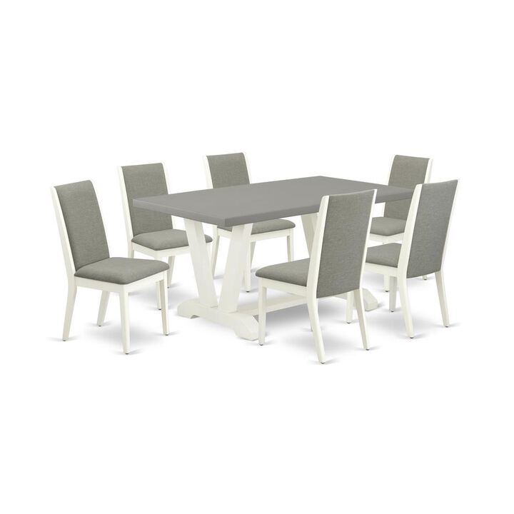 East West Furniture V096LA206-7 7-Piece Beautiful Dining Set a Superb Cement Color Wood Table Top and 6 Gorgeous Linen Fabric Dining Chairs with Stylish Chair Back, Linen White Finish