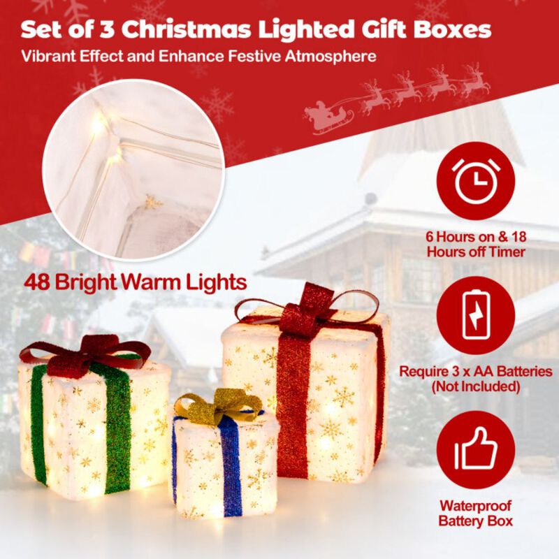 Set of 3 Christmas Lighted Gift Boxes with 48 Bright Warm Lights image number 4