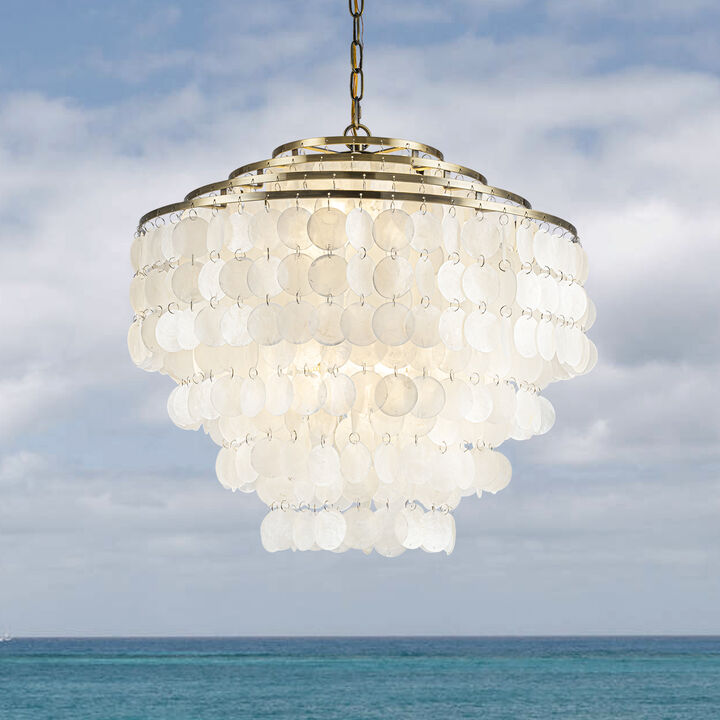 6-Light 22" Glam Coastal Capiz Tiered Chandelier With Natural Seashells