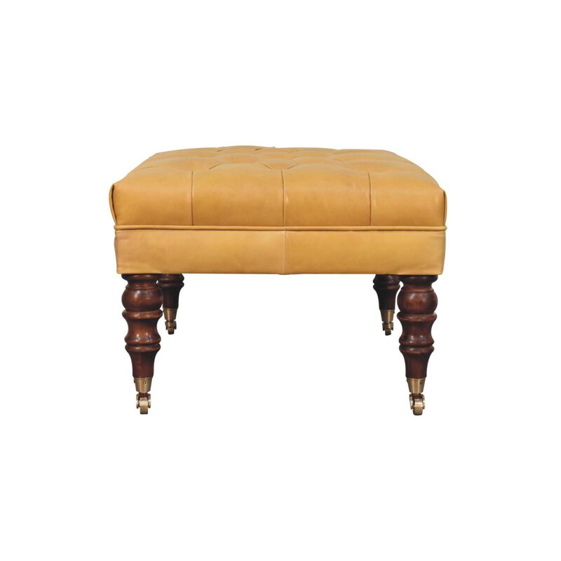 Artisan Furniture Solid Wood Honey Caramel Buffalo Ash Black Leather Ottoman with Castor Legs