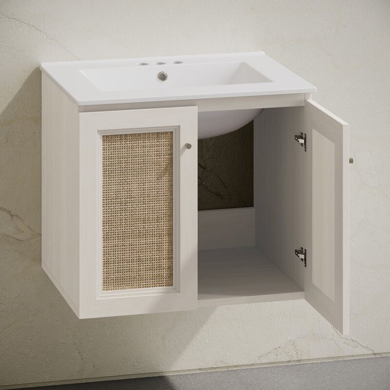 24" Wall-Mounted Bathroom Vanity in White Oak, Centerset Faucet Holes Vanity Top image number 4