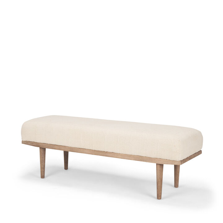 HomeRoots 56" Beige and Brown Cotton and Solid Wood Upholstered Bench