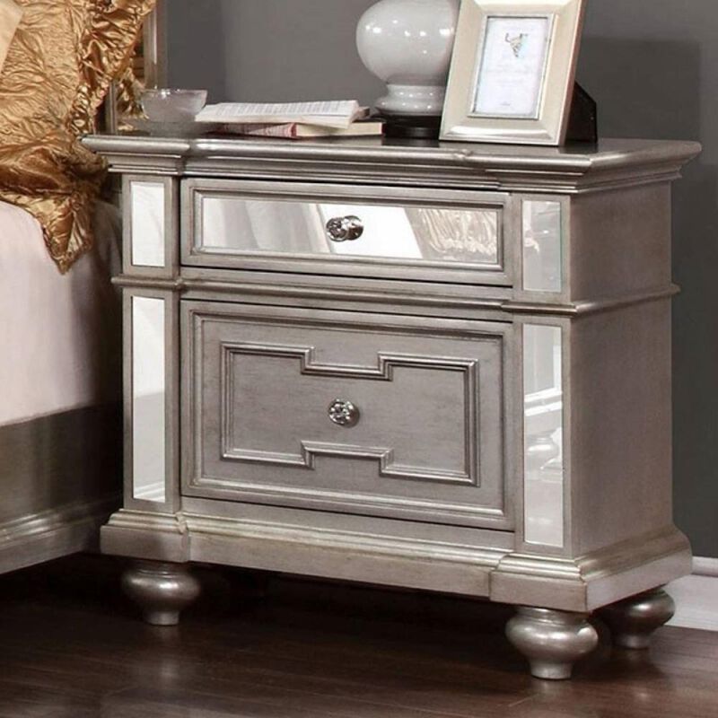 Streamdale Glam Silver Nightstand with Mirrored Accents