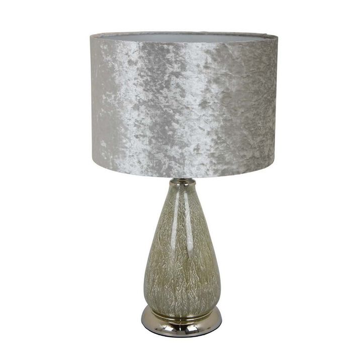 22 Inch Table Lamp, Drum Shade, Drop Style Glass Body, Silver Finish - Benzara