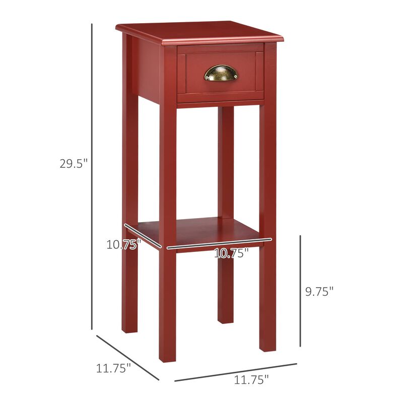 HOMCOM 2-Tier Side Table with Drawer, Narrow End Table with Bottom Shelf, for Living Room, Set of 1, Red