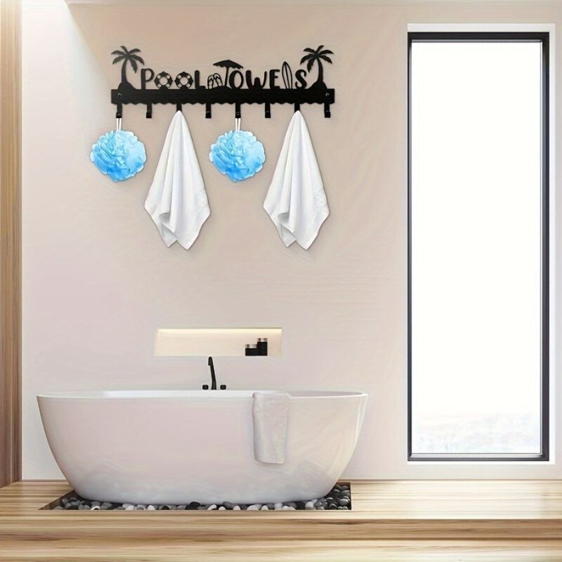 Modern Pool Towel Rack with 8 Hooks, Wall-Mounted Iron Storage Organizer image number 1