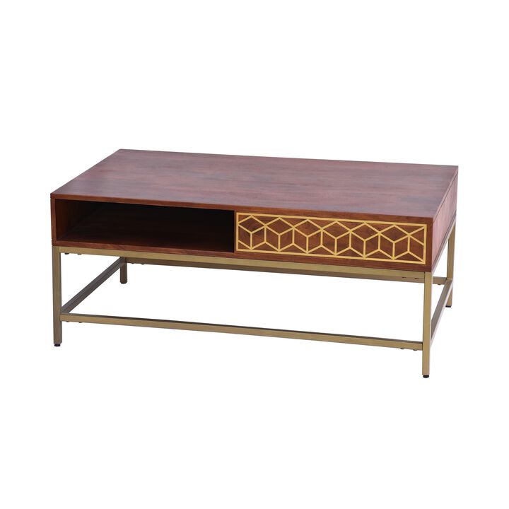 Kalyn 43 Inch Acacia Wood Coffee Table, Geometric Screen Printed Design, 1 Open Compartment, Natural Brown, Brass-Benzara