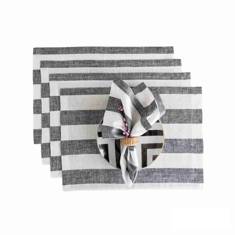 Solino Home Cabana Stripe 100% Linen Placemats &ndash; Set of 4, 14 x 19 in, Machine Washable, Holiday and Everyday Dining