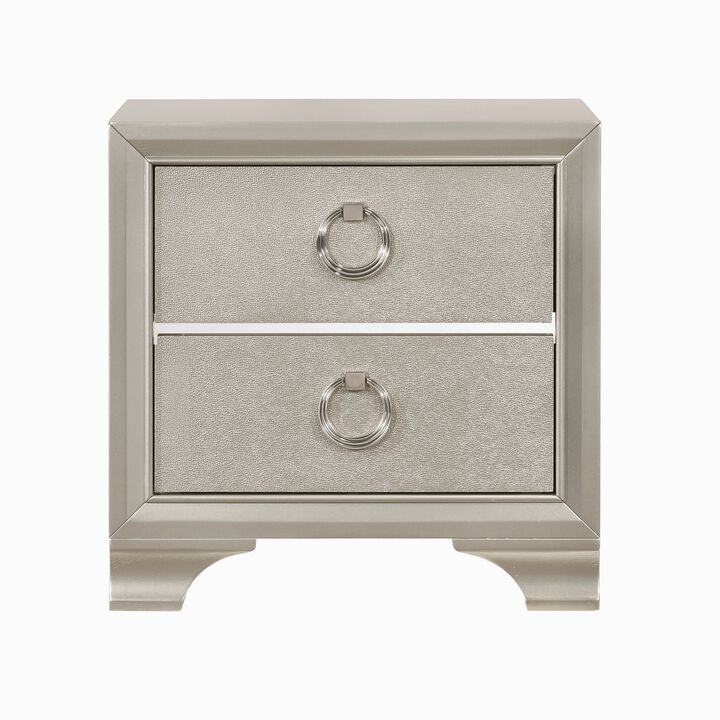 Two Drawers Wooden Nightstand with Oversized Ring Handles, Silver-Benzara