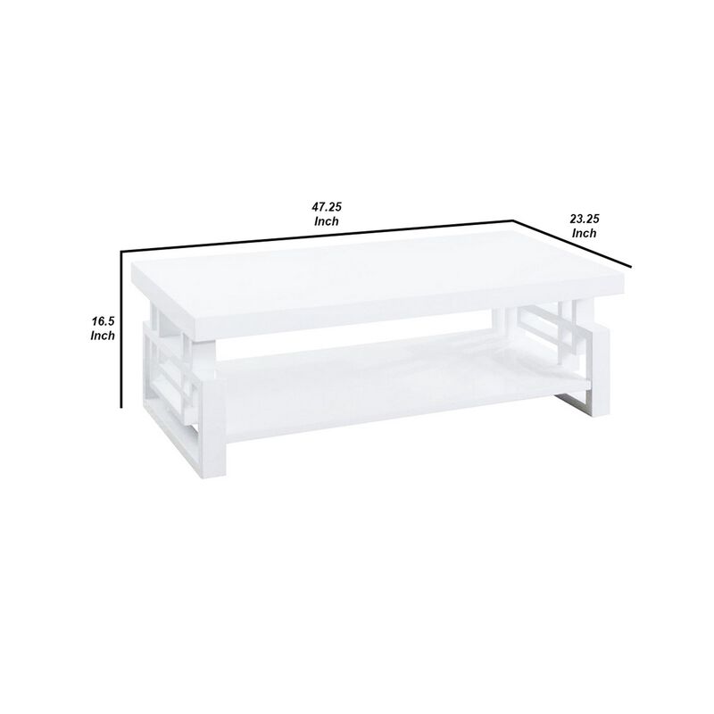 Contemporary Wooden Coffee End Table With Designer Sides & Shelf, Glossy White-Benzara