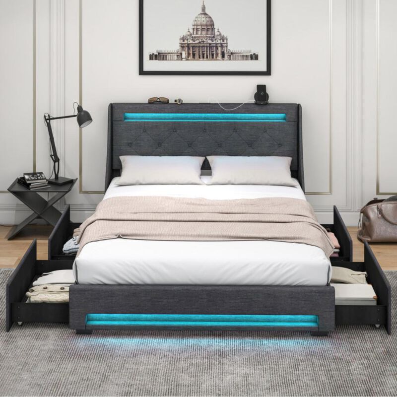 Hivvago Queen Size Upholstered Platform Bed Frame with LED Lights and Charging Station