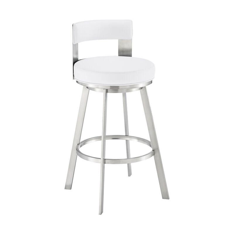 Ami 30 Inch Swivel Barstool Chair, White Faux Leather, Stainless Steel - Benzara