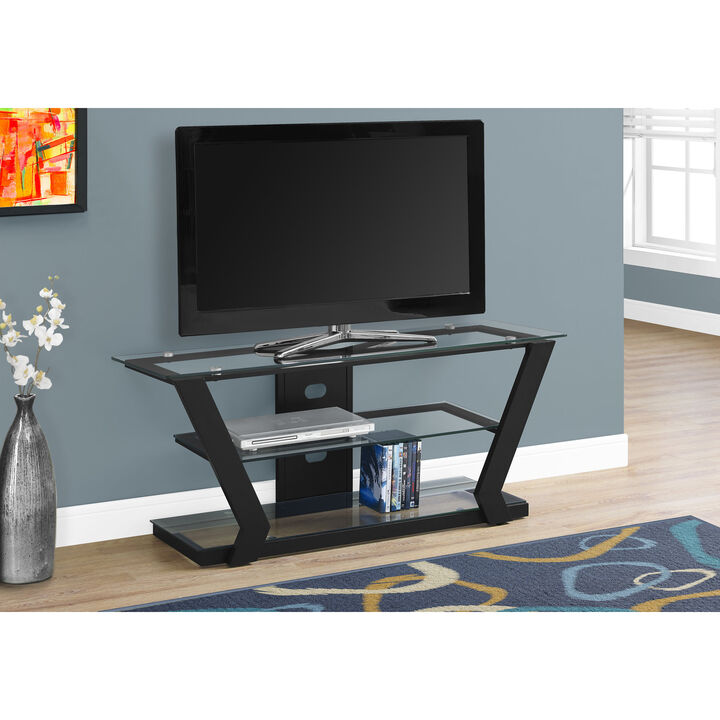 Monarch Specialties I 2588 Tv Stand, 48 Inch, Console, Media Entertainment Center, Storage Shelves, Living Room, Bedroom, Tempered Glass, Metal, Black, Clear, Contemporary, Modern