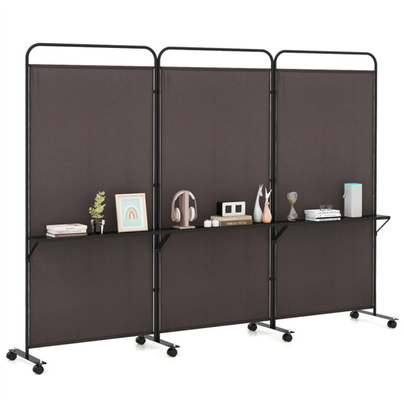 Folding Partition with 3 Panels, Lockable Wheels, and 3 Metal Shelves, Room Divider and Storage Solution