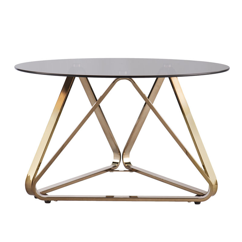 Hivvago 31 Inch  Smoky Black and Gold Glass and Metal Round Coffee Table