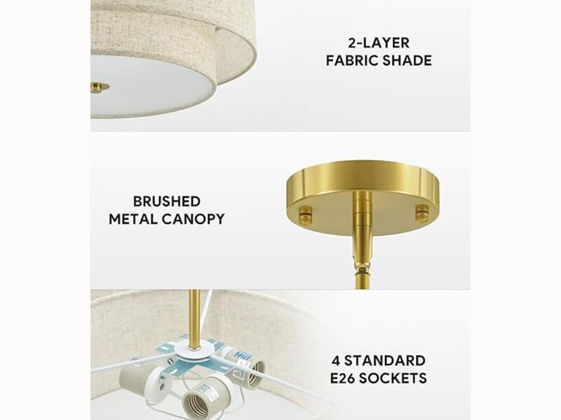 18" Modern Drum Chandelier – 4-Light Linen Shade Pendant for Dining Room, Bedroom & Living Room (E26 Base, Brass Finish)