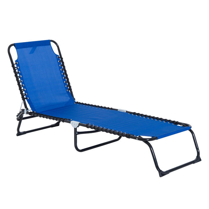 Outsunny Folding Chaise Lounge Pool Chair, Patio Sun Tanning Chair, Outdoor Lounge Chair w/ 4-Position Reclining Back, Pillow, Breathable Mesh & Bungee Seat for Beach, Yard, Patio, Dark Blue