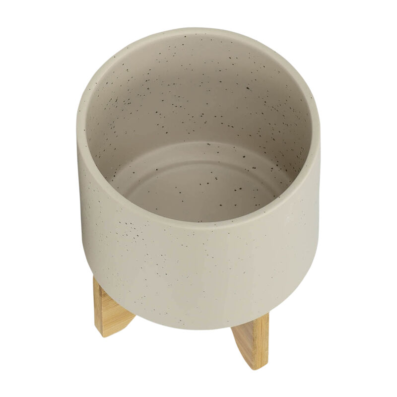 Planter with Wood Stand, Matte Beige Set
