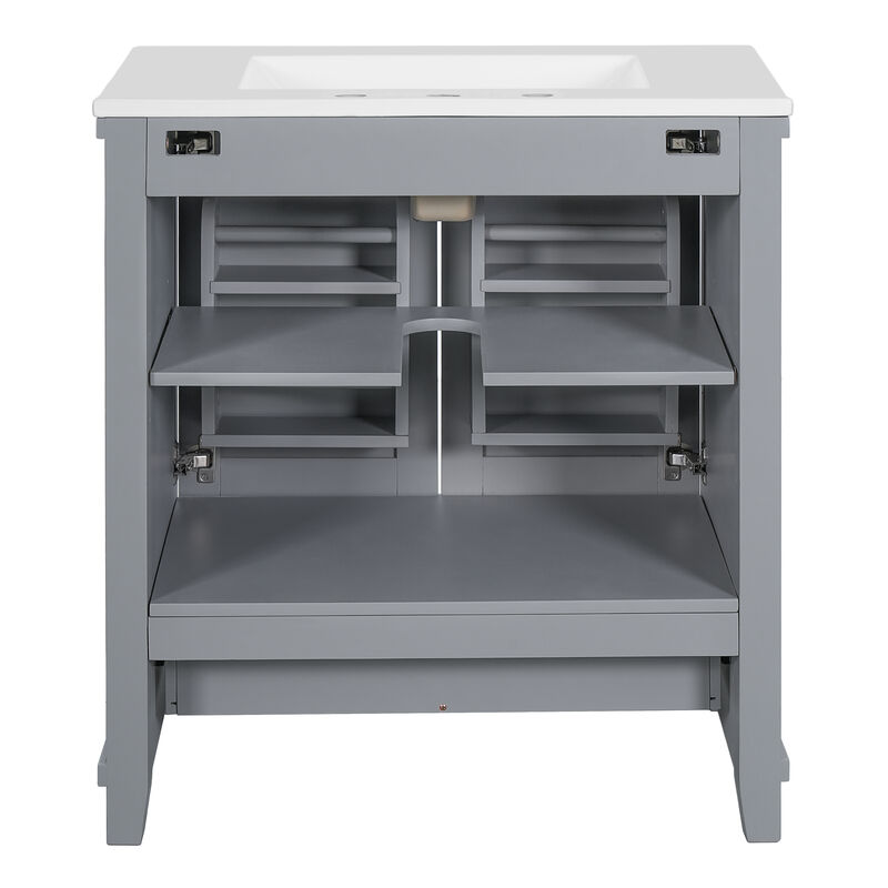 Whisen 30-inch Bathroom Vanity with Single Sink, Solid Wood Frame + MDF, 2 Soft-Close Doors, 1 Divided Drawer, Dual Storage Shelves