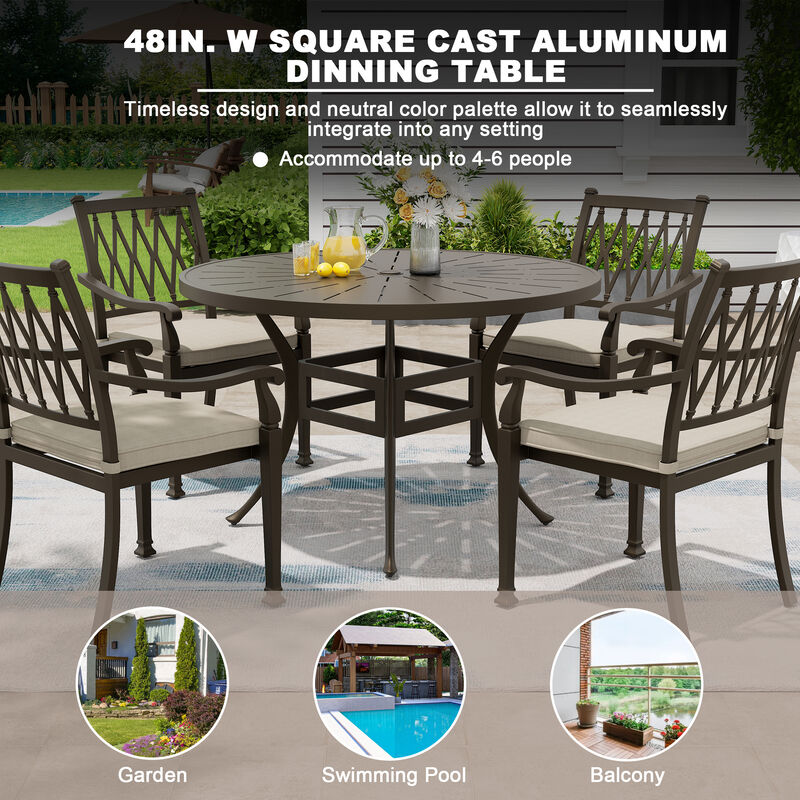 Mondawe 5 Pieces Cast Aluminum Outdoor Dining Set 4 Ergonomic Design Outdoor Chair with Cushions and 1 Round Table with 2.0 Inch Umbrella Hole