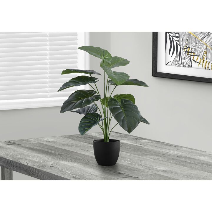 Monarch Specialties I 9578 - Artificial Plant, 24" Tall, Alocasia, Indoor, Faux, Fake, Table, Greenery, Potted, Real Touch, Decorative, Green Leaves, Black Pot