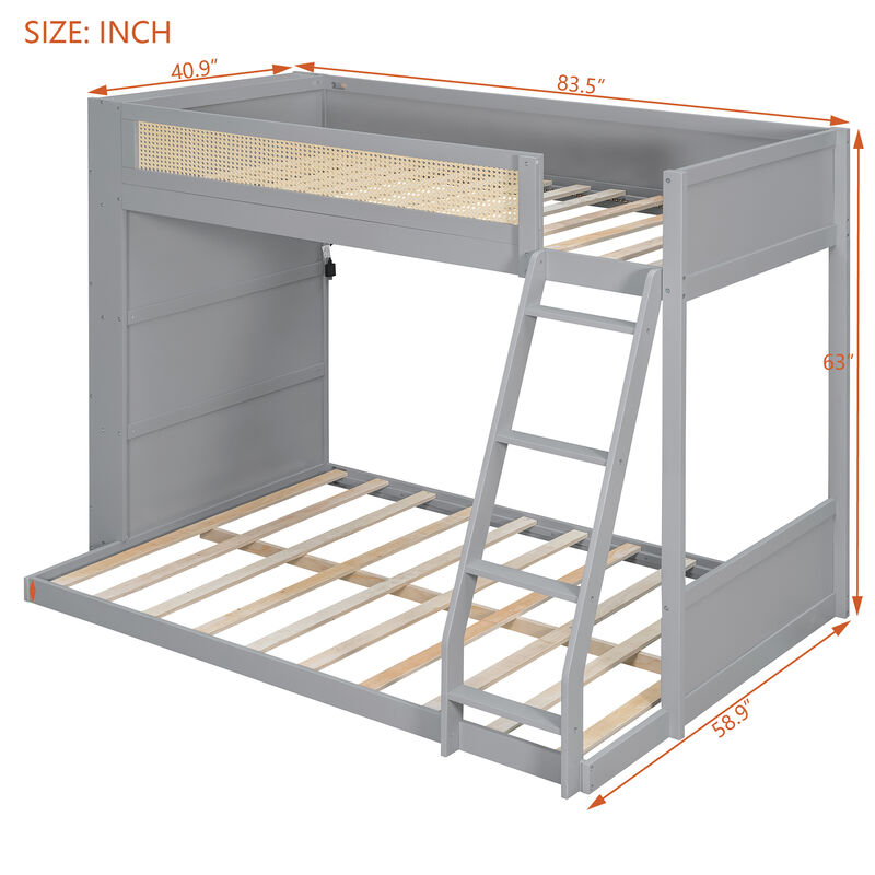 Merax Twin over Full Bunk Bed with Rattan Guardrail, LED Light & 4-Tier Side Bookshelf image number 3