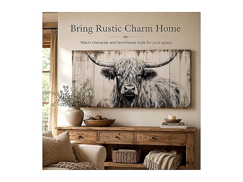 Highland Cow Canvas Wall Art Rustic Black White Decor Large Farmhouse Animal image number 1