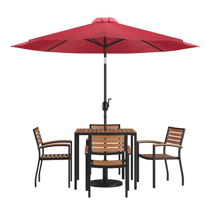 Flash Furniture Lark 7 Piece Outdoor Patio Dining Table Set - 4 Synthetic Teak Stackable Chairs with Arms - 35" Square Table - Red Umbrella with Base
