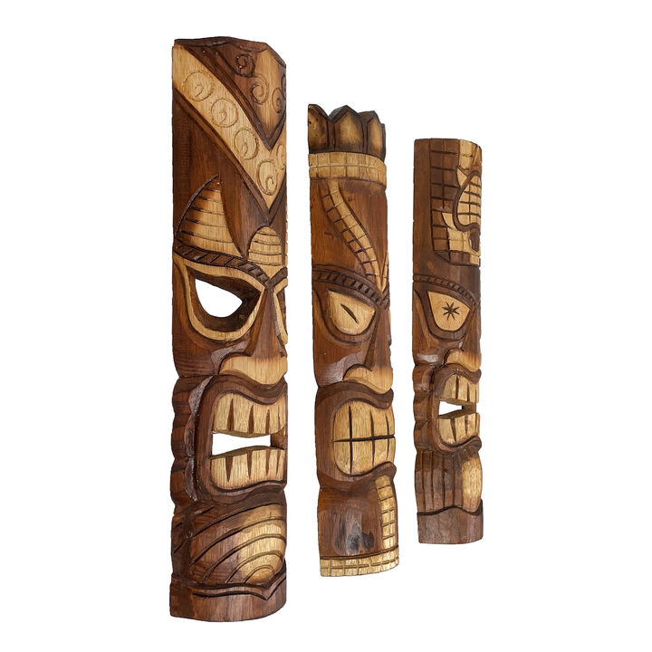 24 Inch Hand Carved Tiki Mask Wall Decor Tropical Beach Home Hanging Art Set / 3