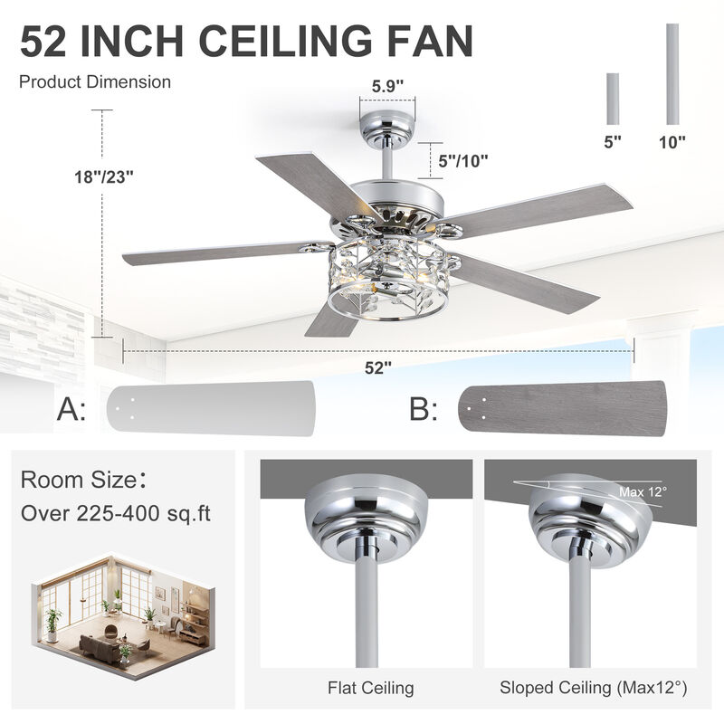 Breezary 52" Ceiling Fan with Crystal Light, 5 Blade,6 Speed, Remote image number 4