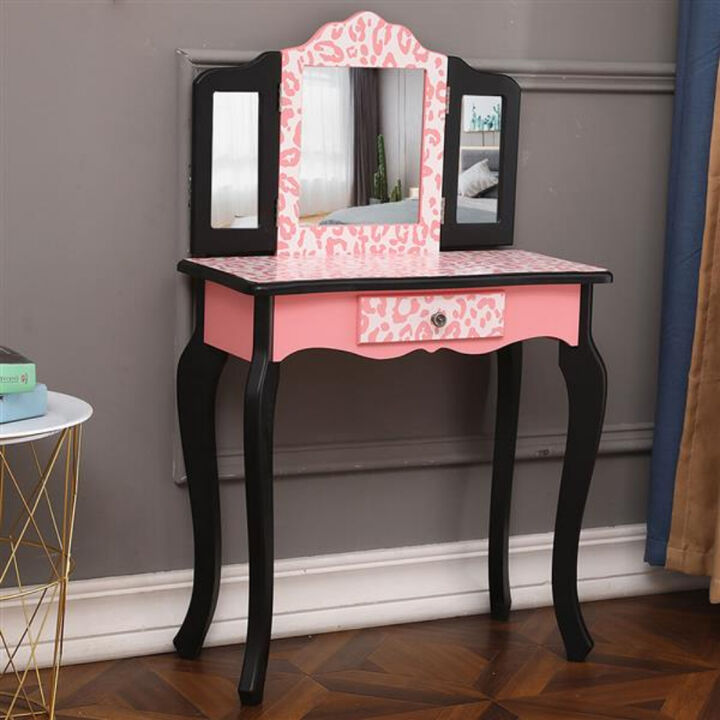 Leopard Print Kids Vanity – 3-Fold Mirror, Drawer & Arc Feet