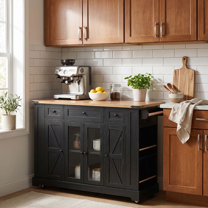 Whisen 53" Farmhouse Kitchen Island with 3 Drawers, 4 Doors, Power Outlet, MDF for Kitchen & Dining Room