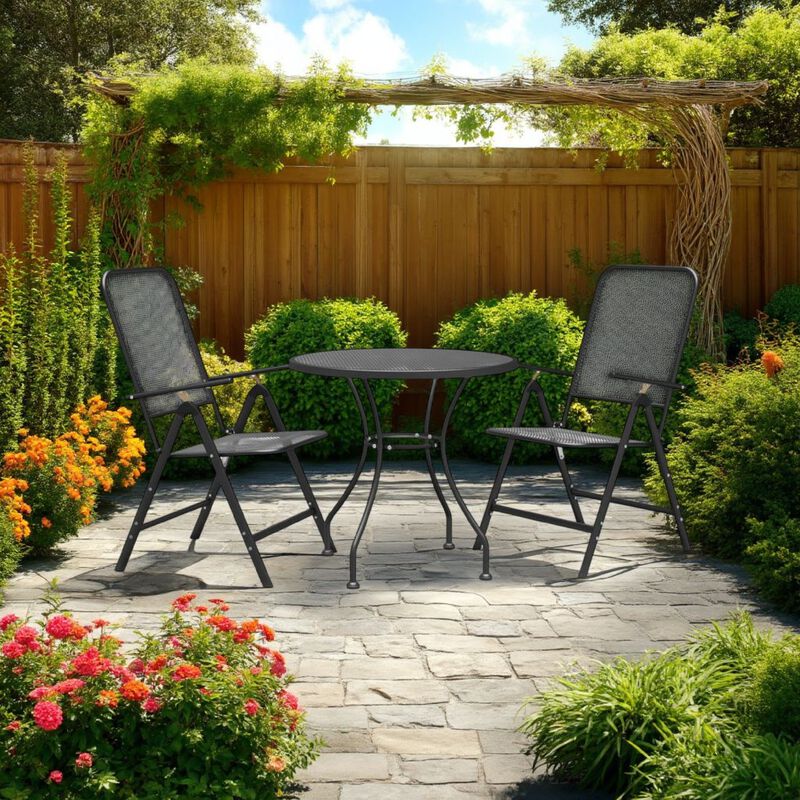 Ian 3 Piece Patio Breakfast Table, 2 Chairs Foldable Set, Black Metal - Benzara