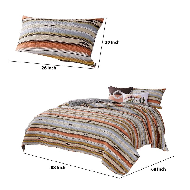 Reversible 2 Piece Twin Size Quilt Set with Stripes Pattern, Multicolor - Benzara