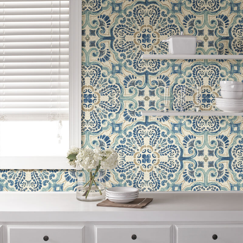 Blue Florentine Tile Peel & Stick Wallpaper image number 2