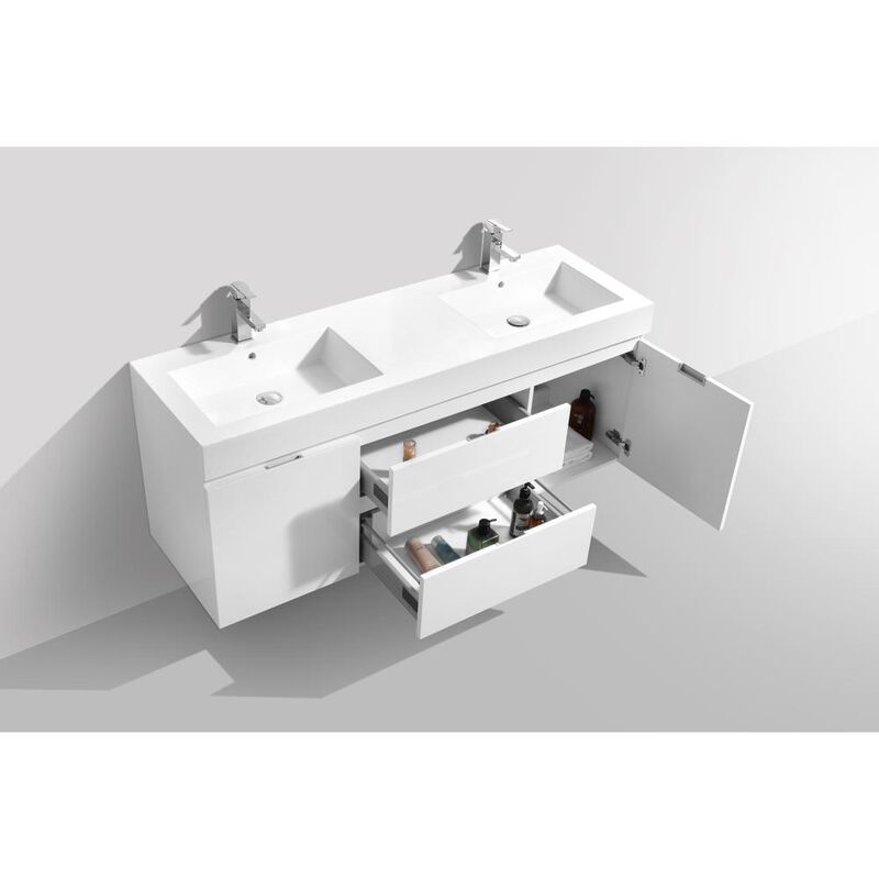 Kubebath Bliss 60 Double Sink High Gloss White Wall Mount Modern Bathroom Vanity
