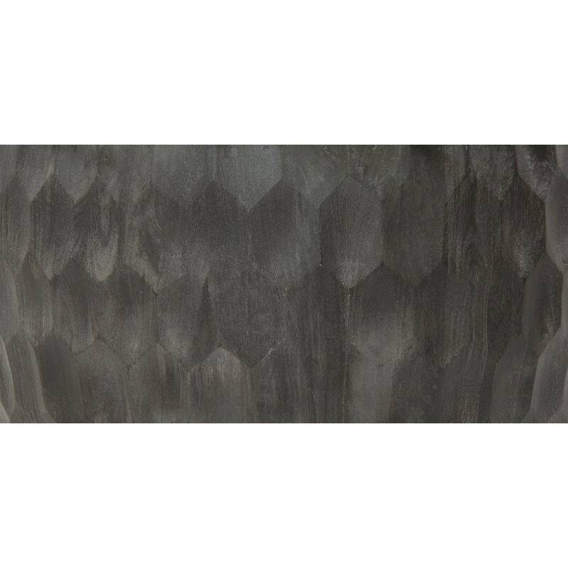 Val 34 Inch Handcrafted Mango Wood Coffee Table, Hammered Round Drum Shape, Honeycomb, Rustic Gray