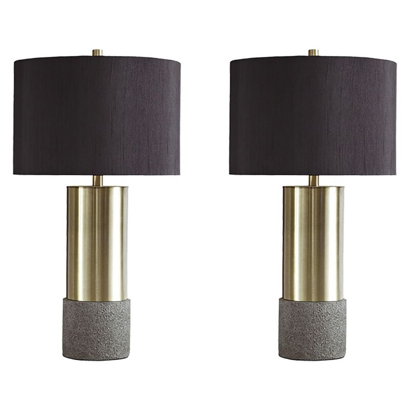 Faux Concrete and Metal Base Table Lamp, Set of 2, Brass and Gray - Benzara
