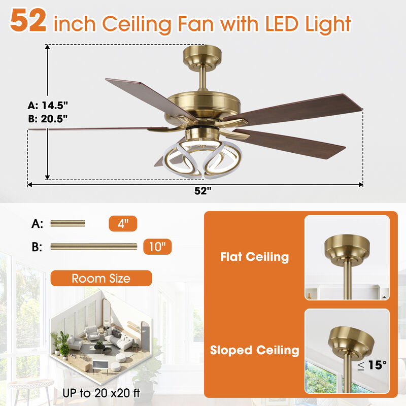 52 in. Modern Gold Dimmable Smart Ceiling Fan with RGB LED and APP Control, Remote