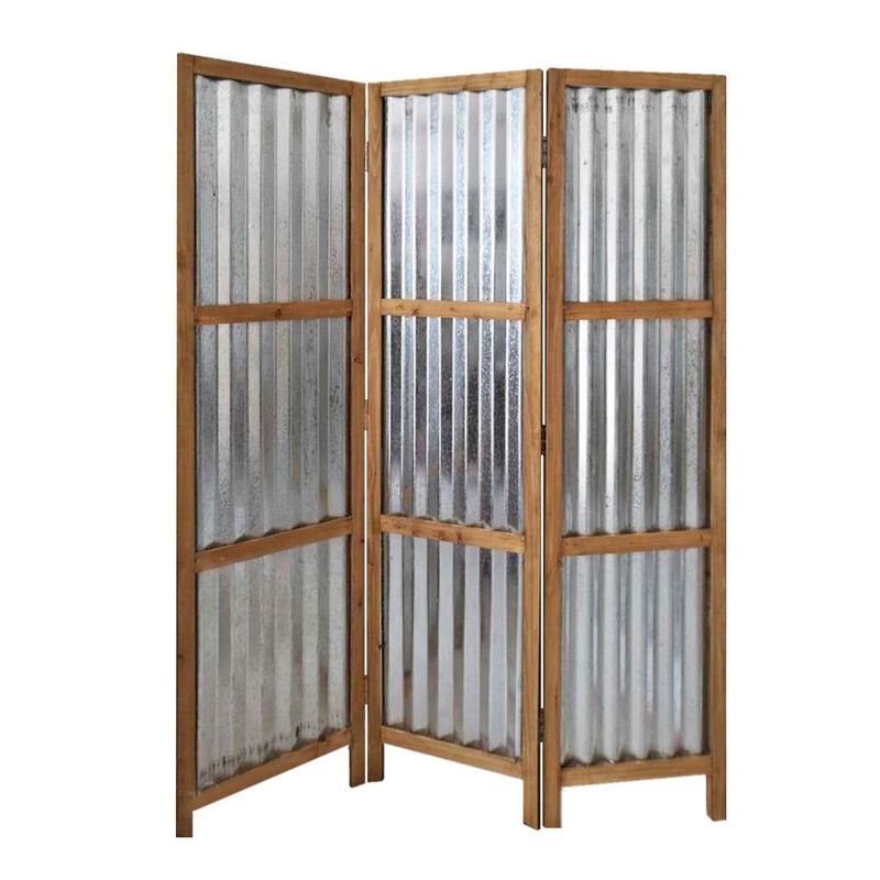 Industrial 3 Panel Foldable Screen with Corrugated Design,Silver and Brown - Benzara